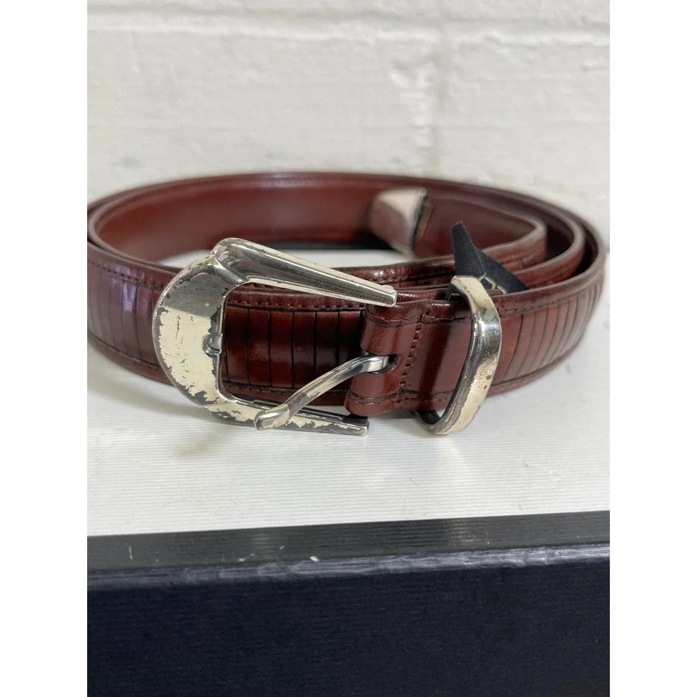 Mezlan Brown Ribbed Leather‎ Dress Belt Silver Buckle Men's 42 Made In Spain